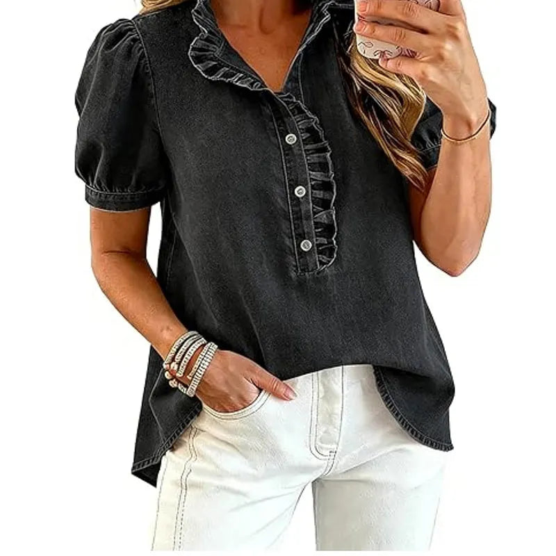 Caelith - Dames denim top met volantkraag