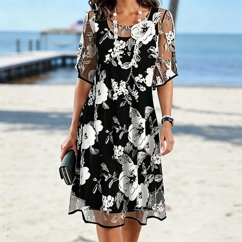 Loryxa - Elegante dames chiffon jurk met bloemenprint, vloeiende avondjurk
