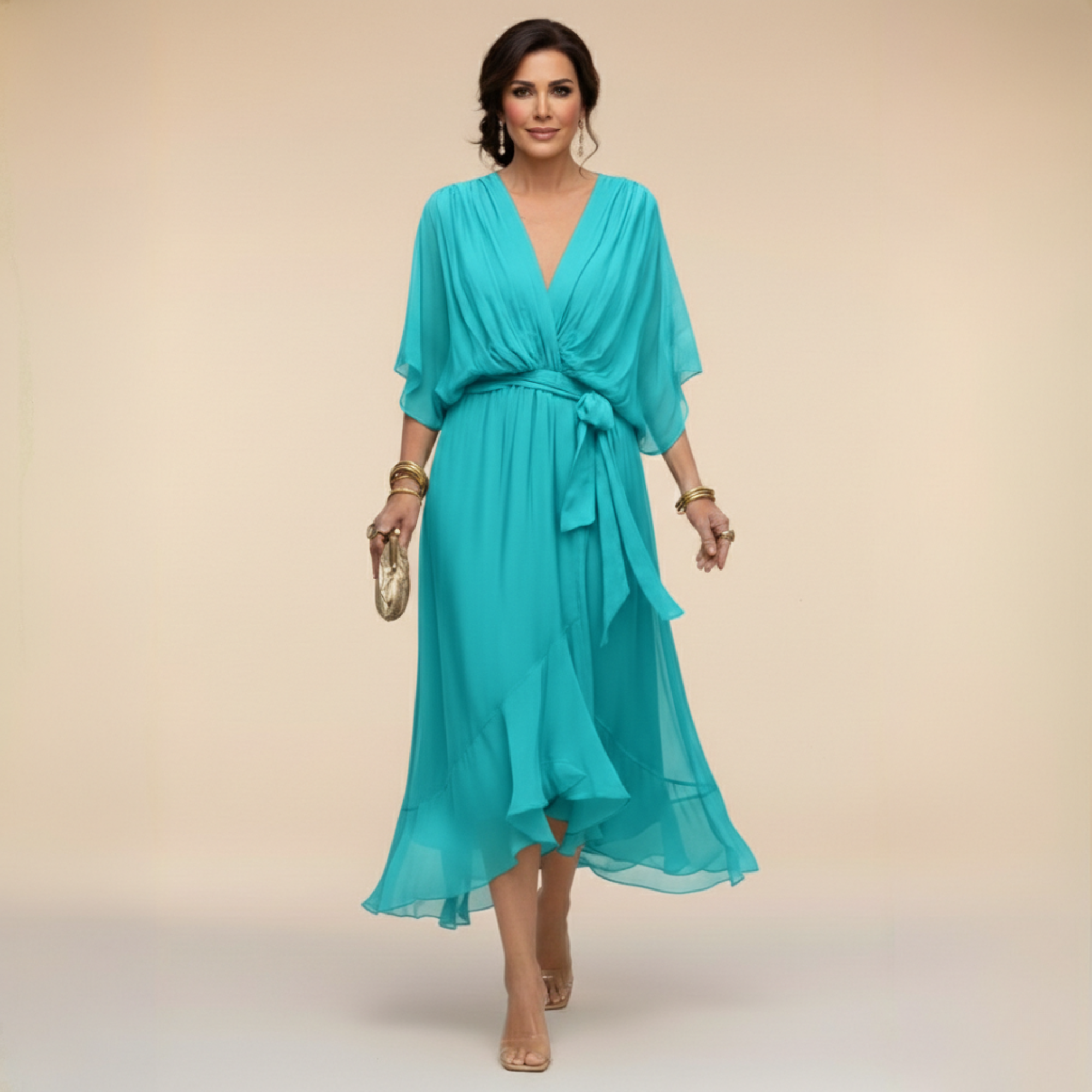 Lazira - Midi jurk voor vrouwen met V-hals, ruime mouwen en elegante riem