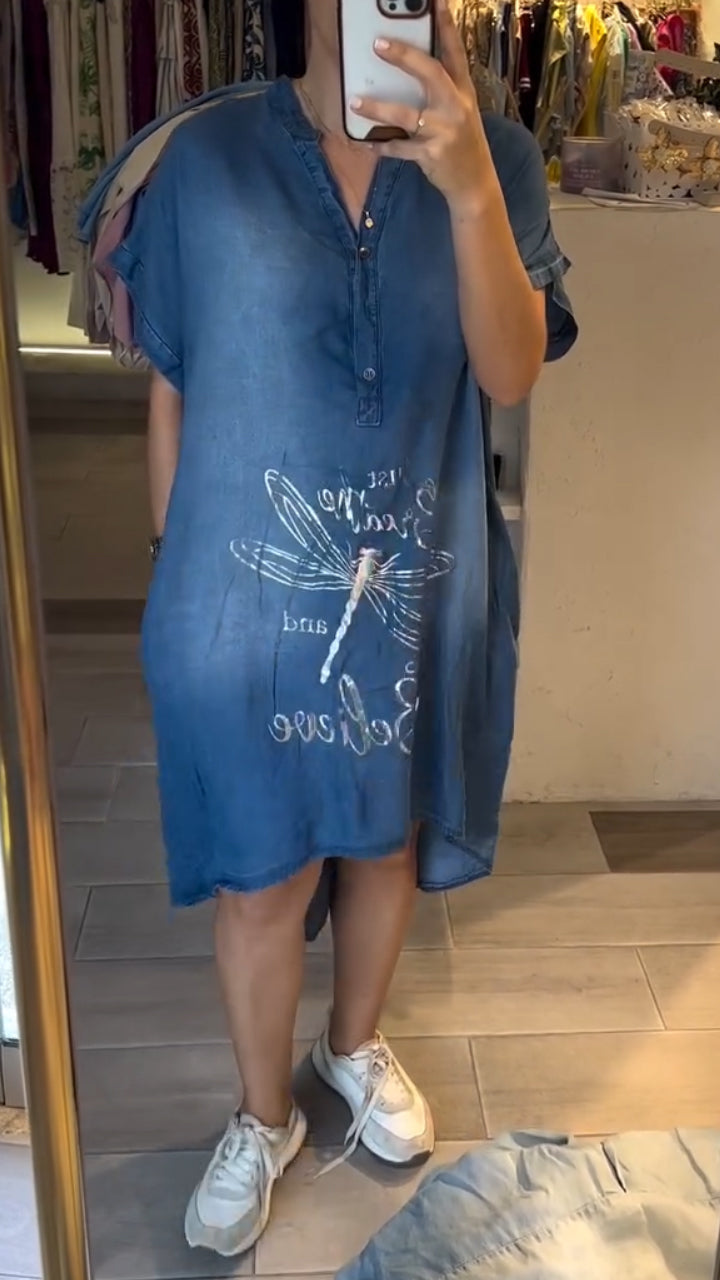 Delphina - V-hals Button Down Jean Casual Dress voor alledaagse stijl