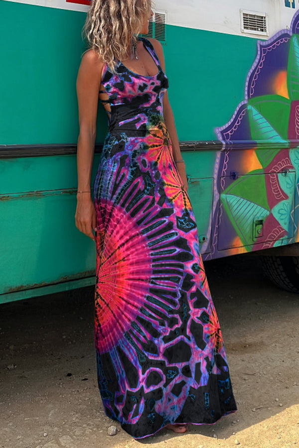 Junaria - Maxi-jurk met tie-dye print, vetersluiting op de rug, stretch (met ingebouwde bh)