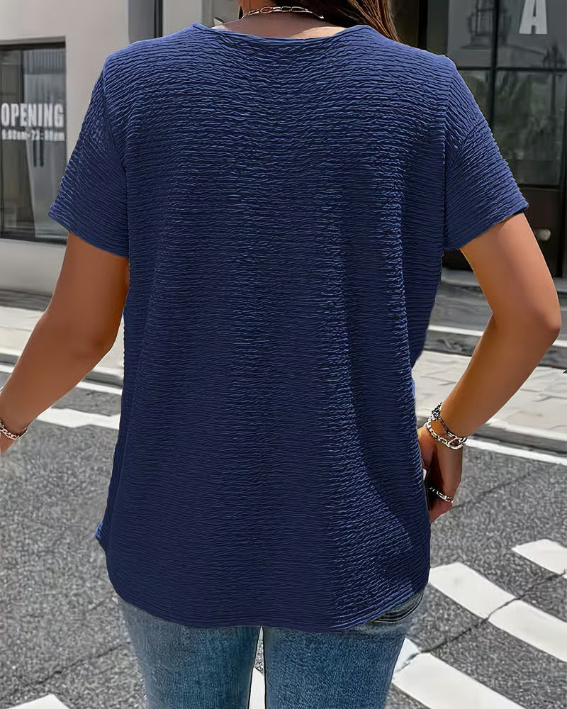Syzelle - Dames t-shirt met ronde hals textuur korte mouwen elegante decoratieve knopen