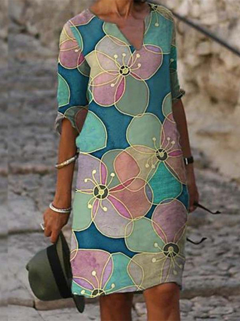 Jacqueline - Lente V-hals Drie-Kwart Mouwen Jurk