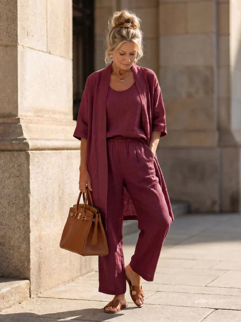 Faevina - Licht damesensemble met kimono, top en broek