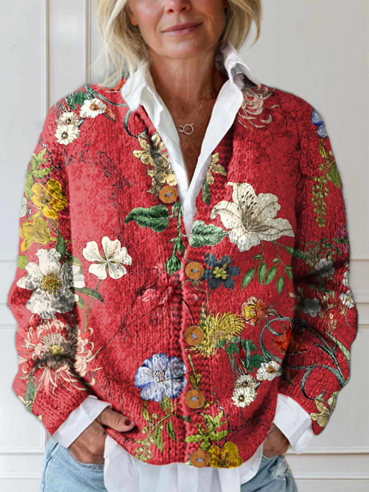 Marionelle - Gilet en Maille à Motifs Floraux Vintage