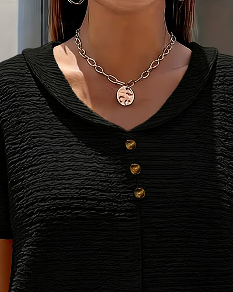 Syzelle - Dames t-shirt met ronde hals textuur korte mouwen elegante decoratieve knopen