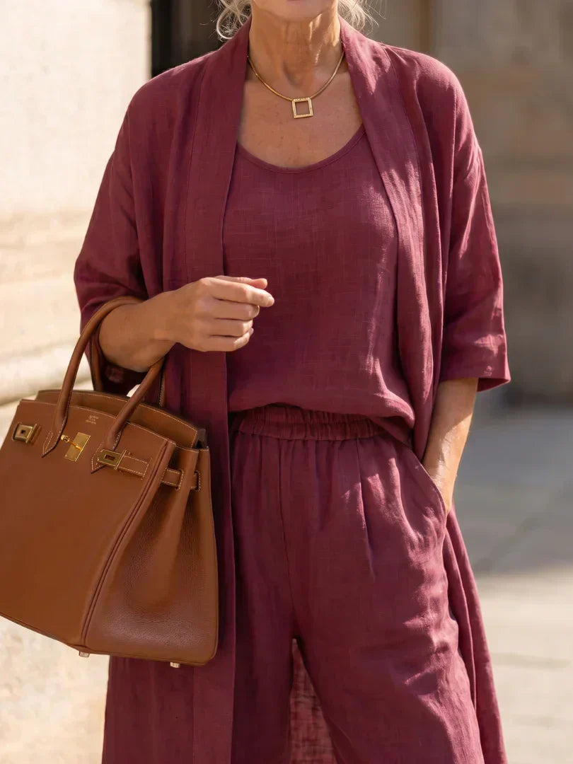 Faevina - Licht damesensemble met kimono, top en broek