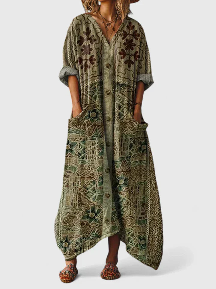 Grazelle - Lange Vloeiende Geprinte Jurk in Elegante Boheemse Stijl