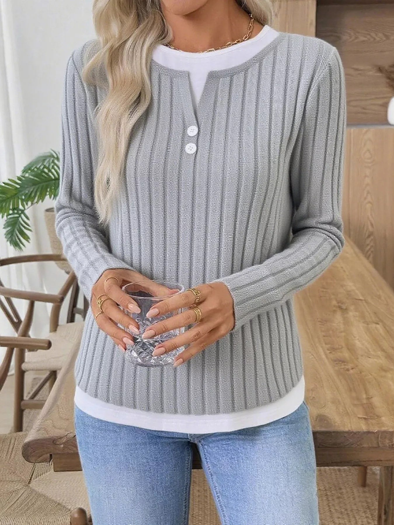 Kalivianne - Geribbelde Winter T-shirt met Lange Mouwen