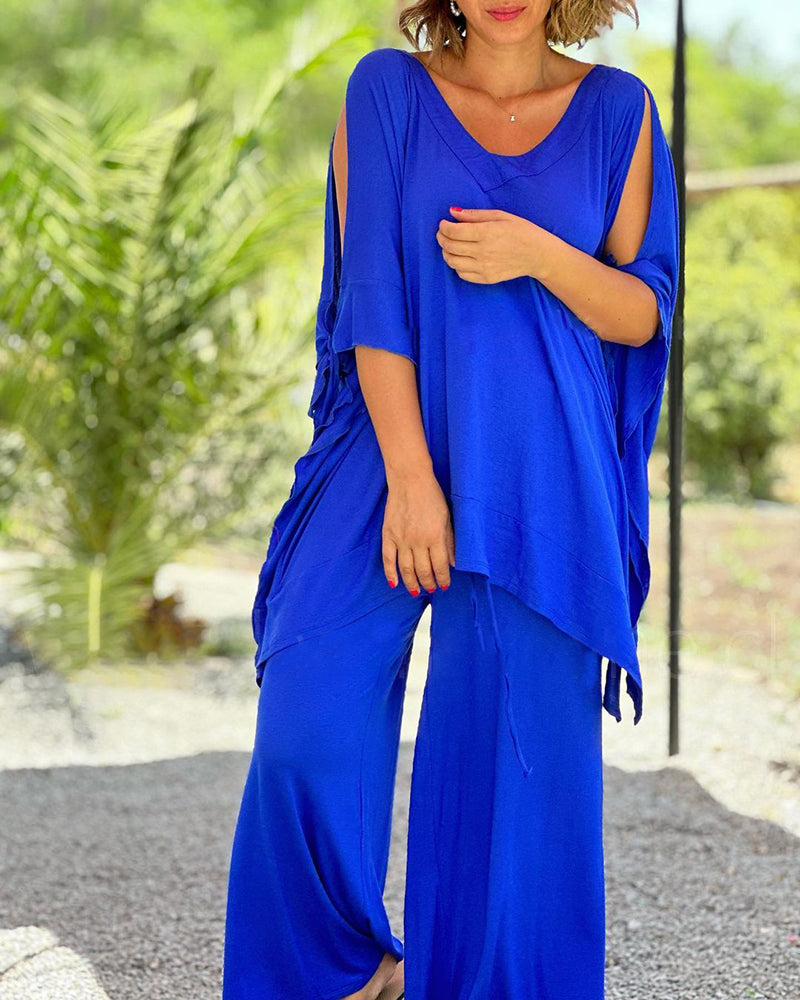 Ginevra - Casual tweedelige set met wijde pijpen en V-hals