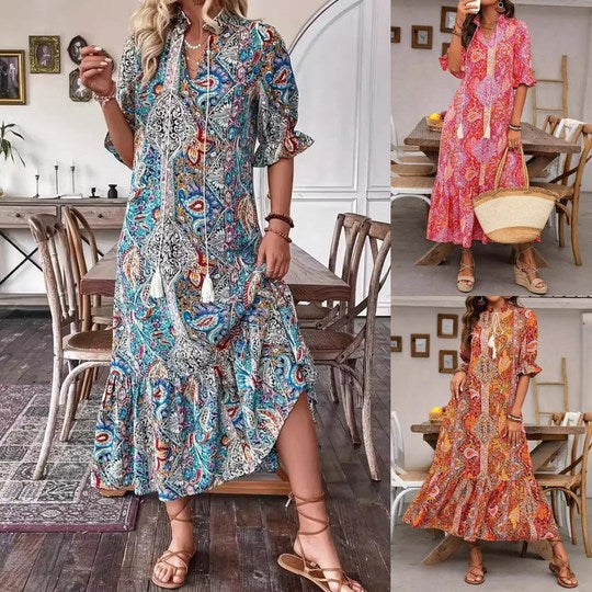 Esther - Elegante V-hals bloemenprint boho jurk voor dames