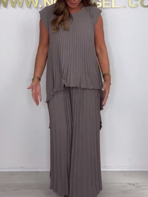 Nelia - Casual set met miditop met korte mouwen en broek met elastische taille