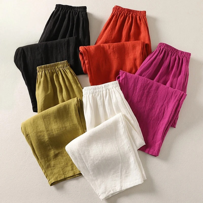 Arelise - Vrouwelijke fluïde broek van katoen-linnen met elastische taille