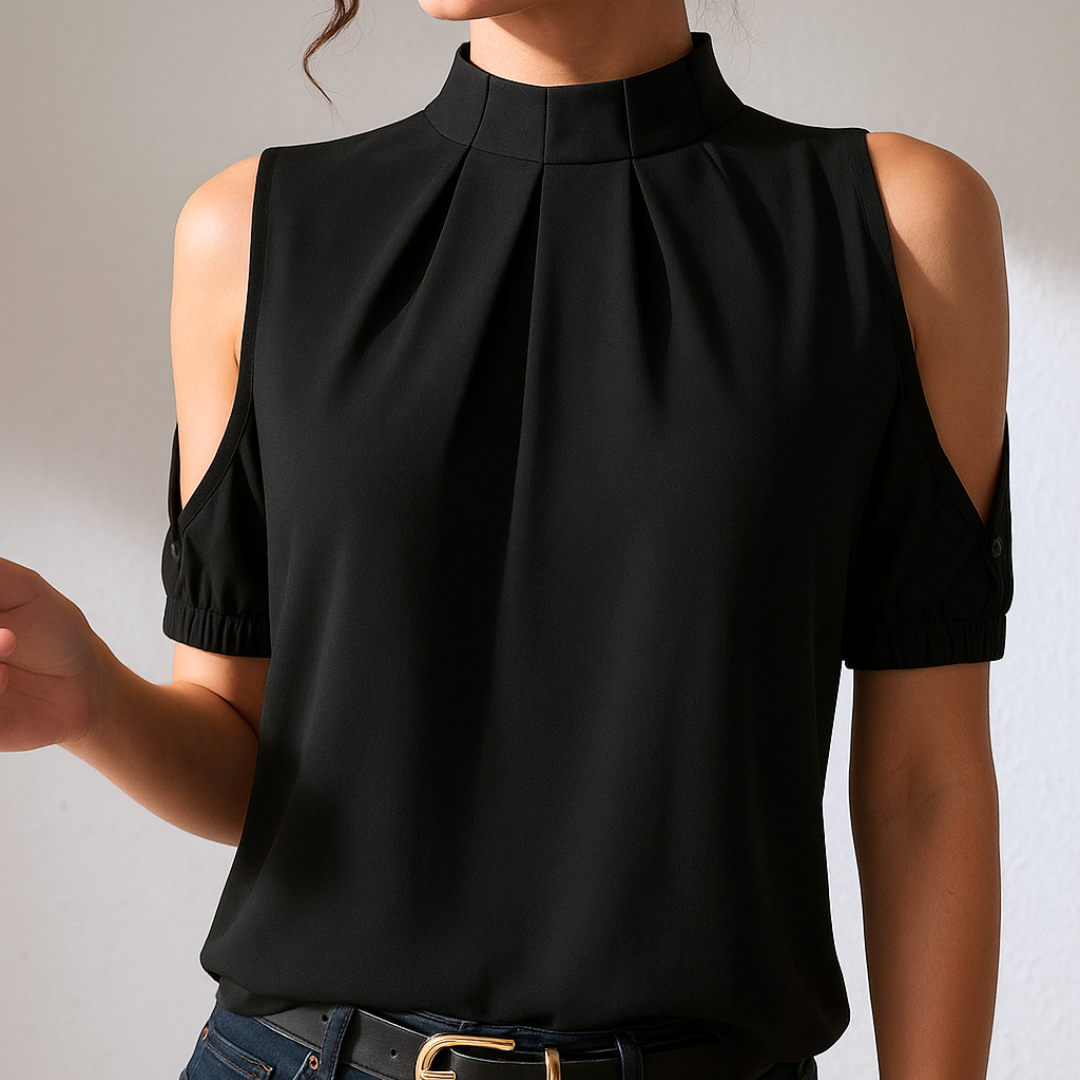 Evelia - Zwarte geplooide blouse met open mouwen