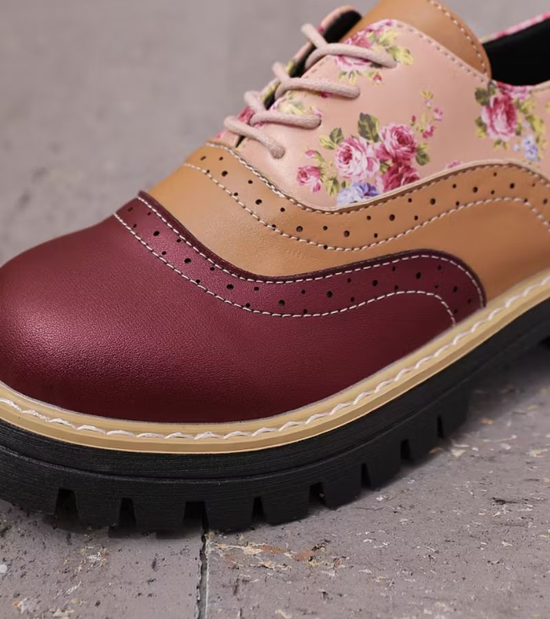 Maan - Dames Oxford Schoenen met Veters en Bloemenpatroon met Dikke Zool