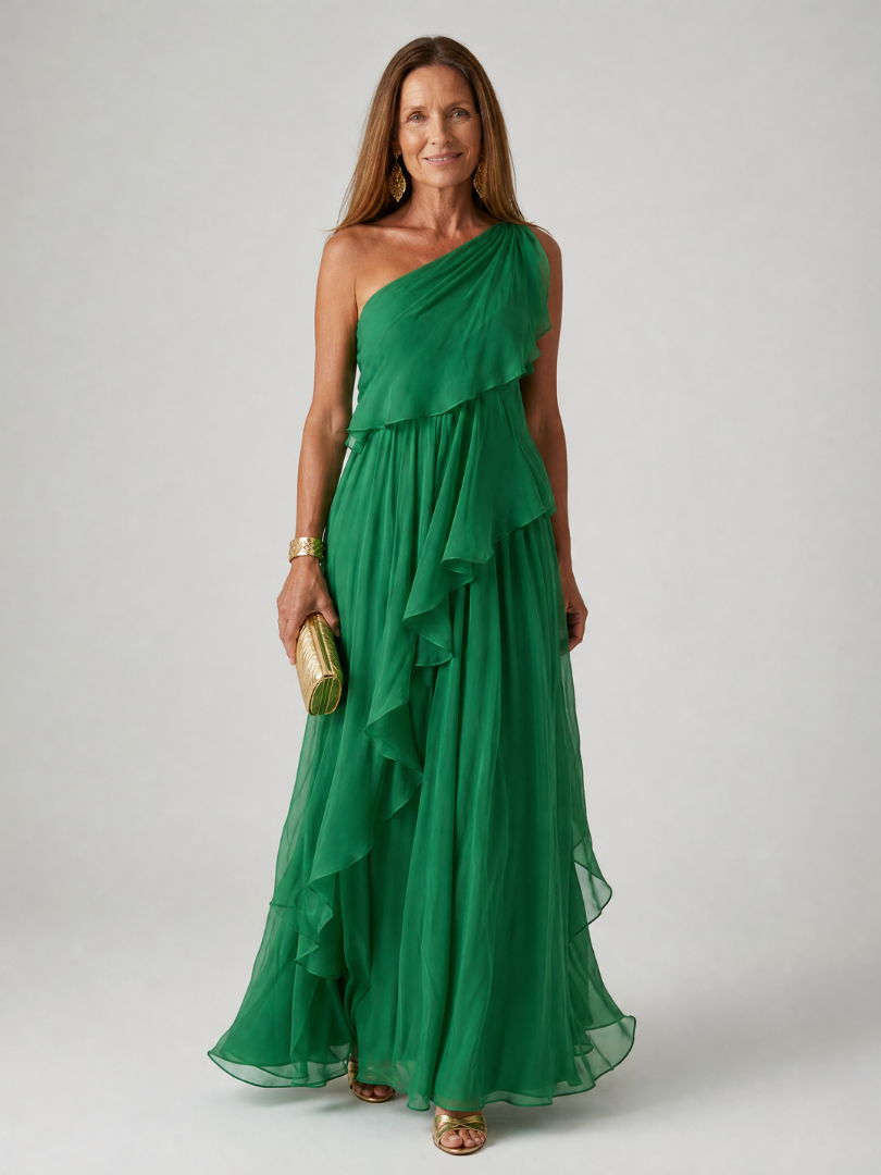 Zeline - Asymmetrische maxi-jurk in groene met volants