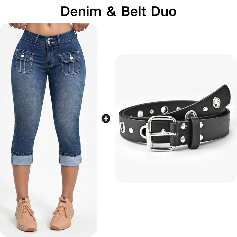Tovixa - Dames Capri Broek Denim Stretch Aansluitende Pasvorm Midden Hoge Taille