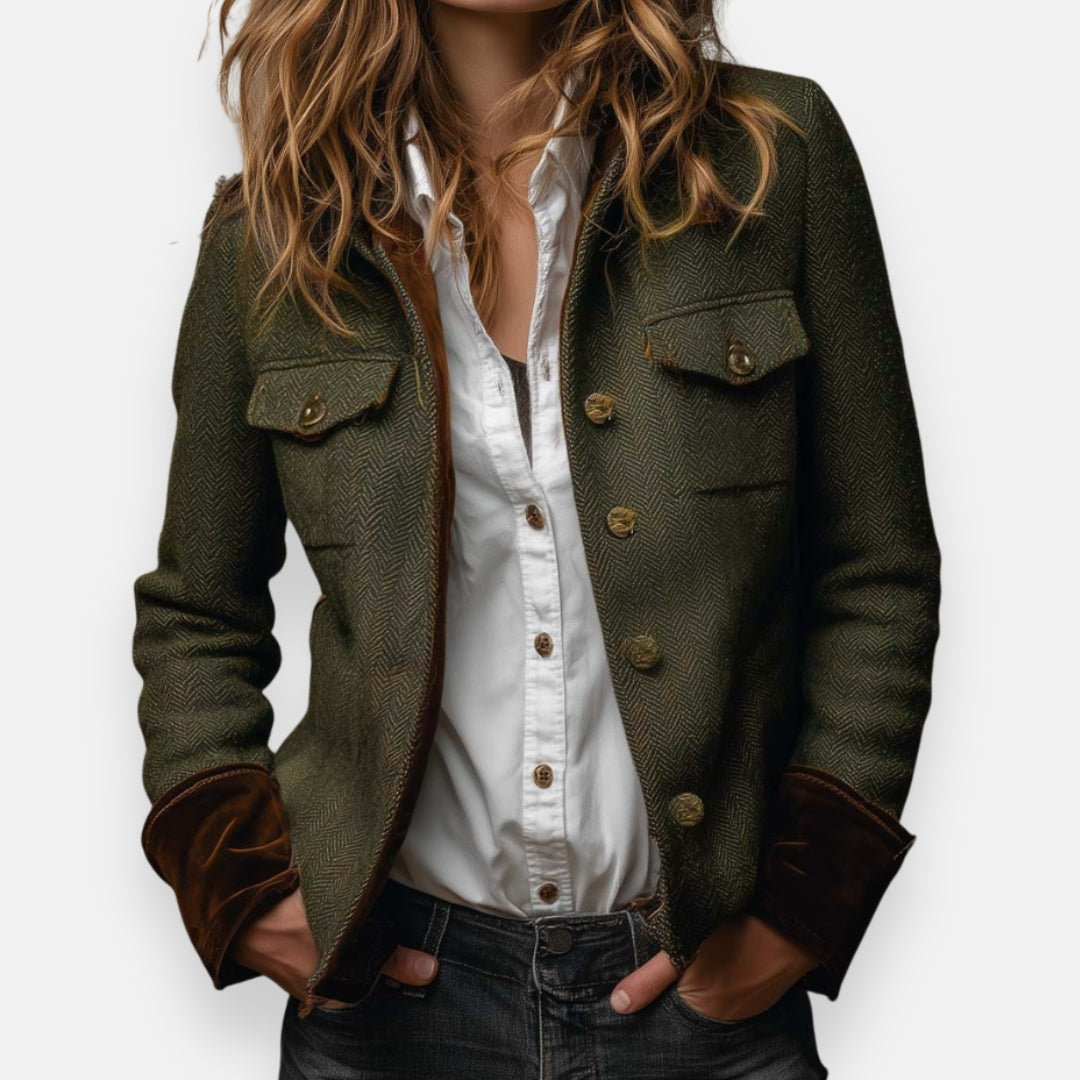 Marisoria - Chic Tweed Jasje met Velours Afwerkingen