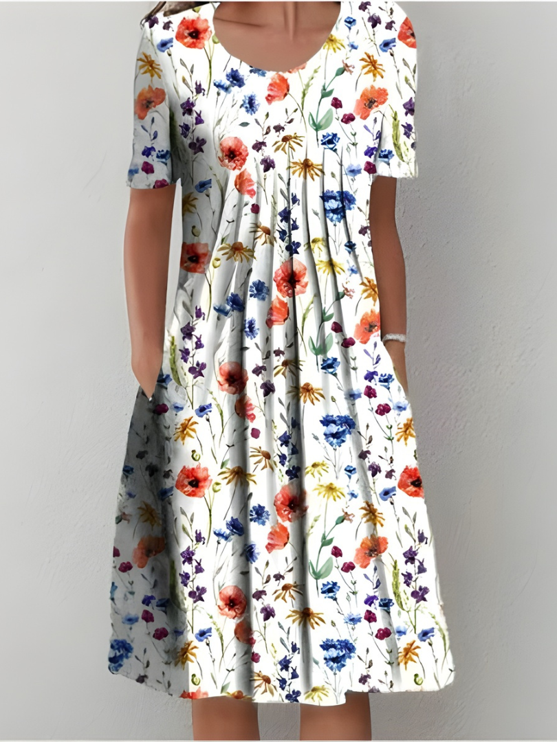Aurexia - Vrouwelijke Plissé Jurk met Korte Mouwen, Vloeiende Snit, Elegante Bloemenprint