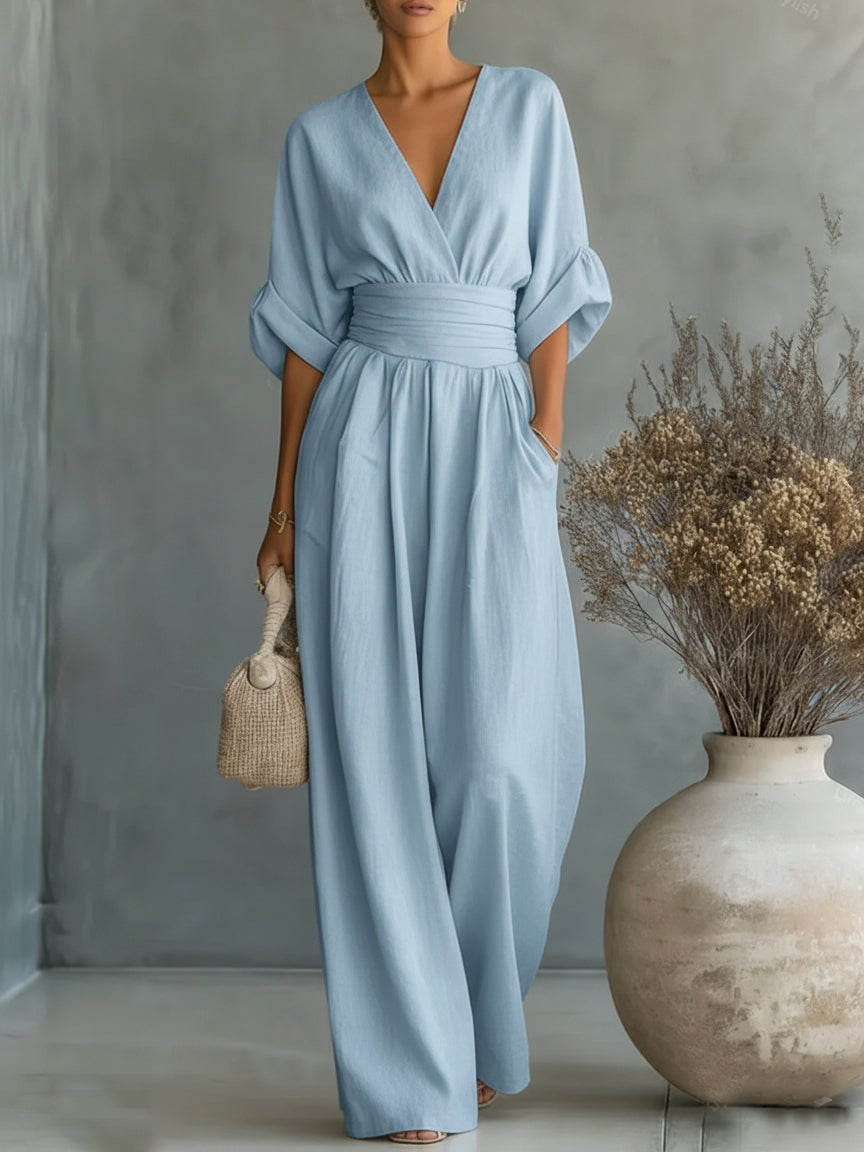 Helyrae - Dames Jumpsuit Met V-Hals Gedefinieerde Taille Elegante Vloeiende Pasvorm