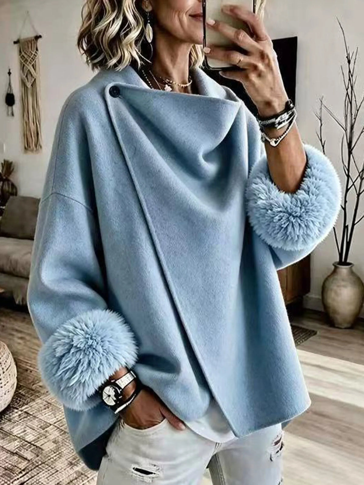 Lammie - Dames drapeerjas met faux fur manchet