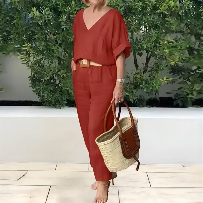 Loxaria - V-hals dames set met broek en zakken in casual stijl
