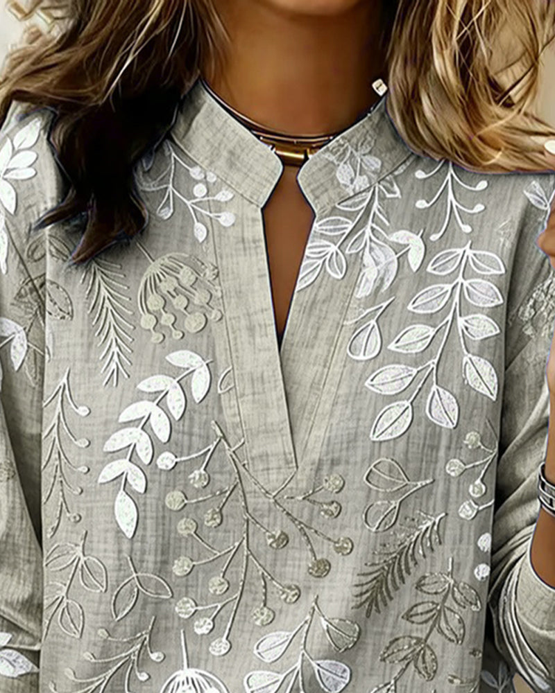 Drynora - Damesblouse met bloemenprint open kraag lange mouwen elegante stijl