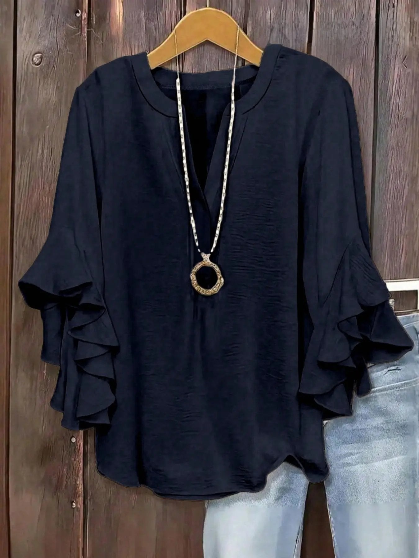 Horiana - Blouse voor vrouwen in grote maten met volantmouwen en V-hals