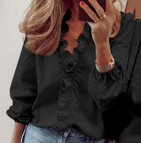 Nythera - Vrouwelijke Blouse met Volants V-Hals Lanternmouwen Elegant