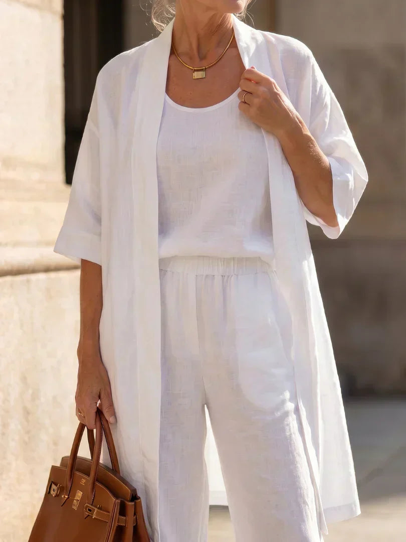 Faevina - Licht damesensemble met kimono, top en broek