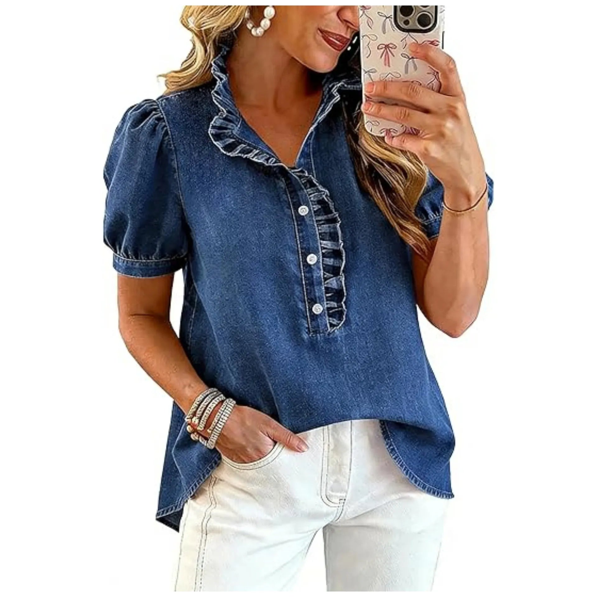 Caelith - Dames denim top met volantkraag