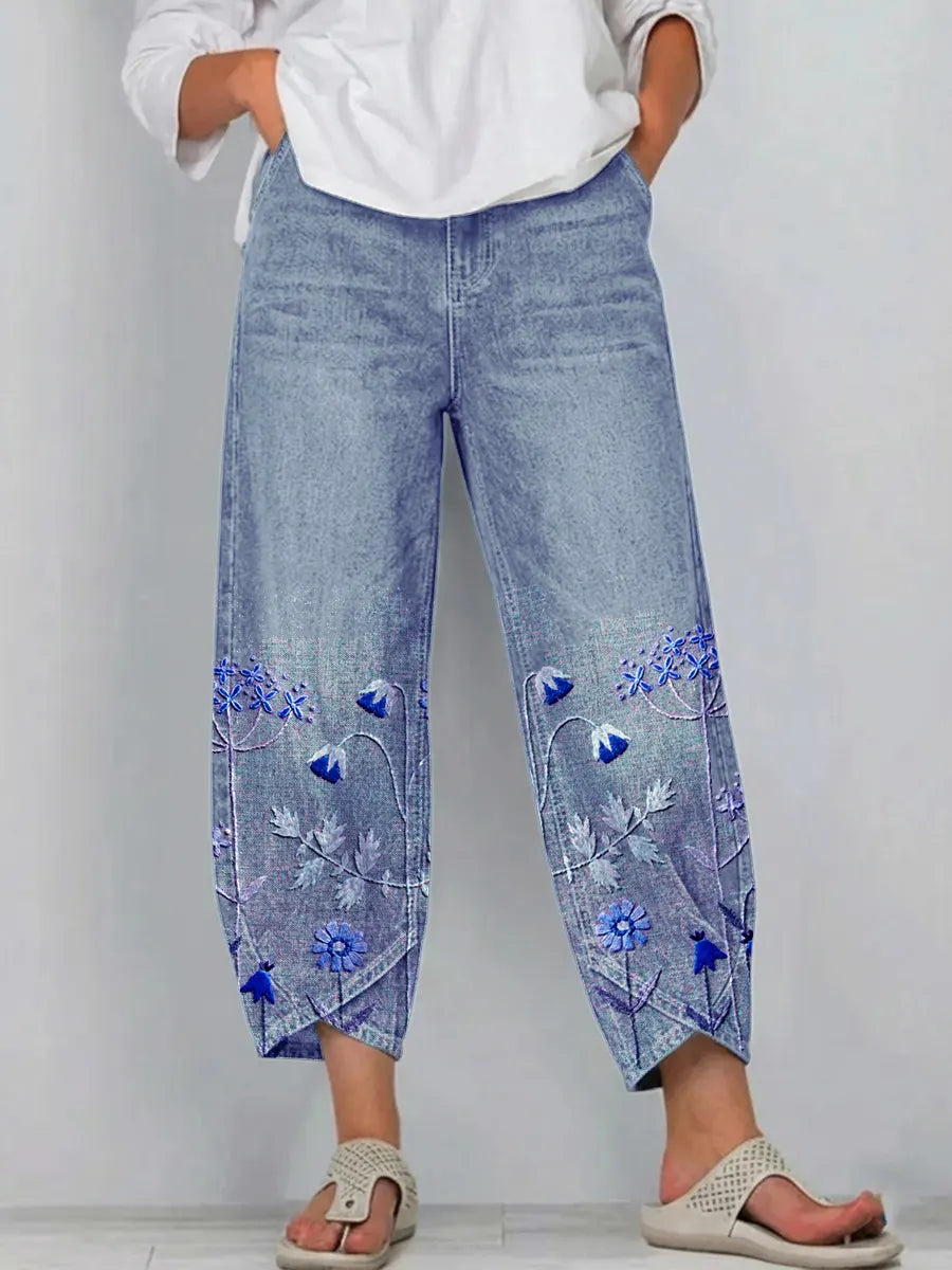 Fiorixa - Dames denim broek met borduurwerk in casual rechte snit