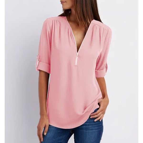 Quelina - 3/4 Mouw Losse Rits Blouse