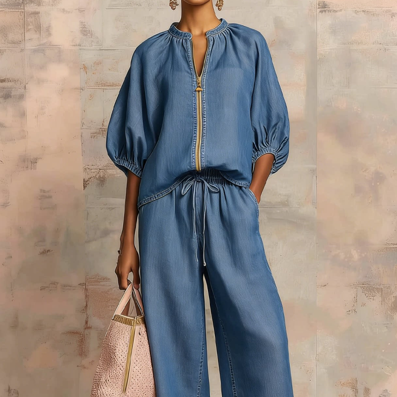 Calyndra - Dames tweedelig ensemble met rits-top en brede broek