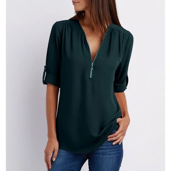 Quelina - 3/4 Mouw Losse Rits Blouse