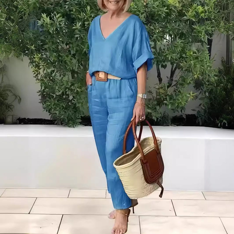 Loxaria - V-hals dames set met broek en zakken in casual stijl