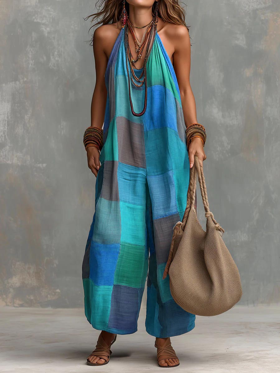 Izzorae - Dames patchwork jumpsuit ruime katoen linnen zomer strand