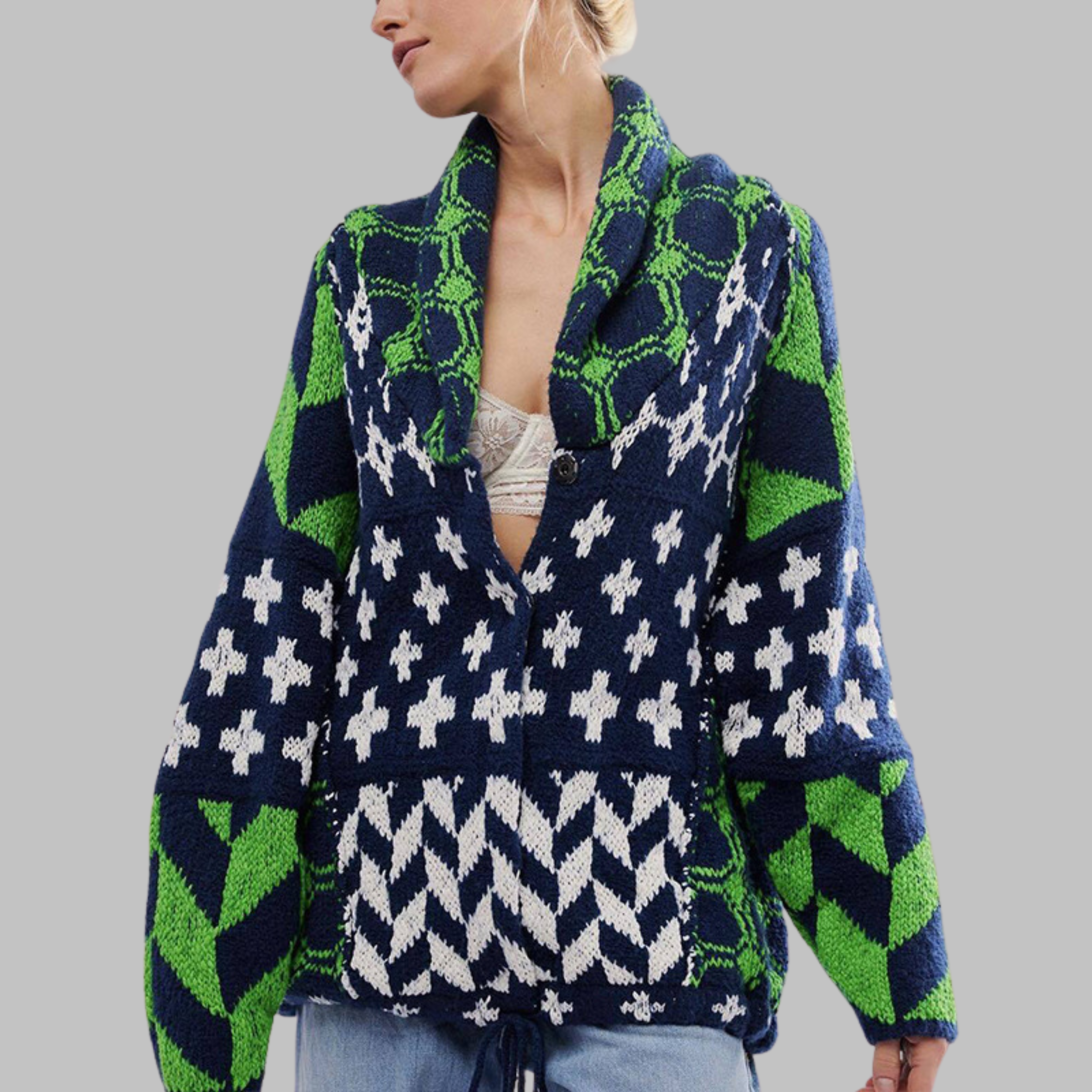 Quenalya - Oversized Cardigan met Vintage Knopkraag