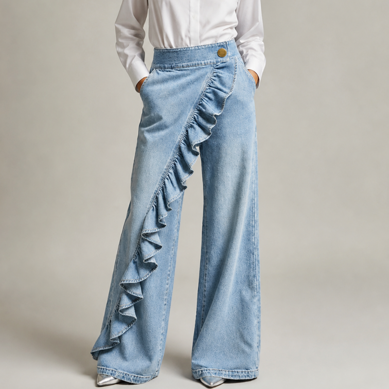 Izzavelle - Dames brede denim broek met asymmetrische volant in elegante culotte-stijl