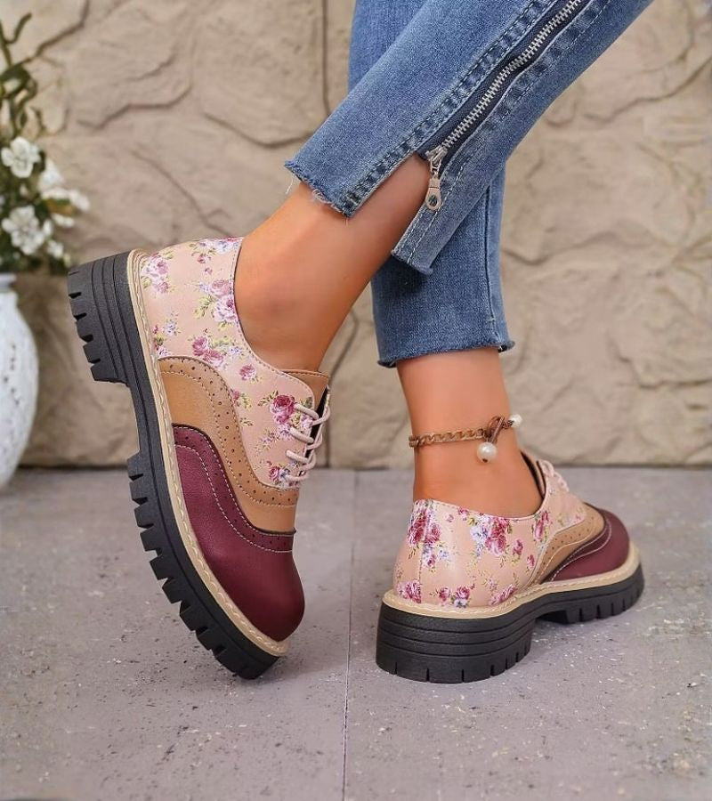 Maan - Dames Oxford Schoenen met Veters en Bloemenpatroon met Dikke Zool