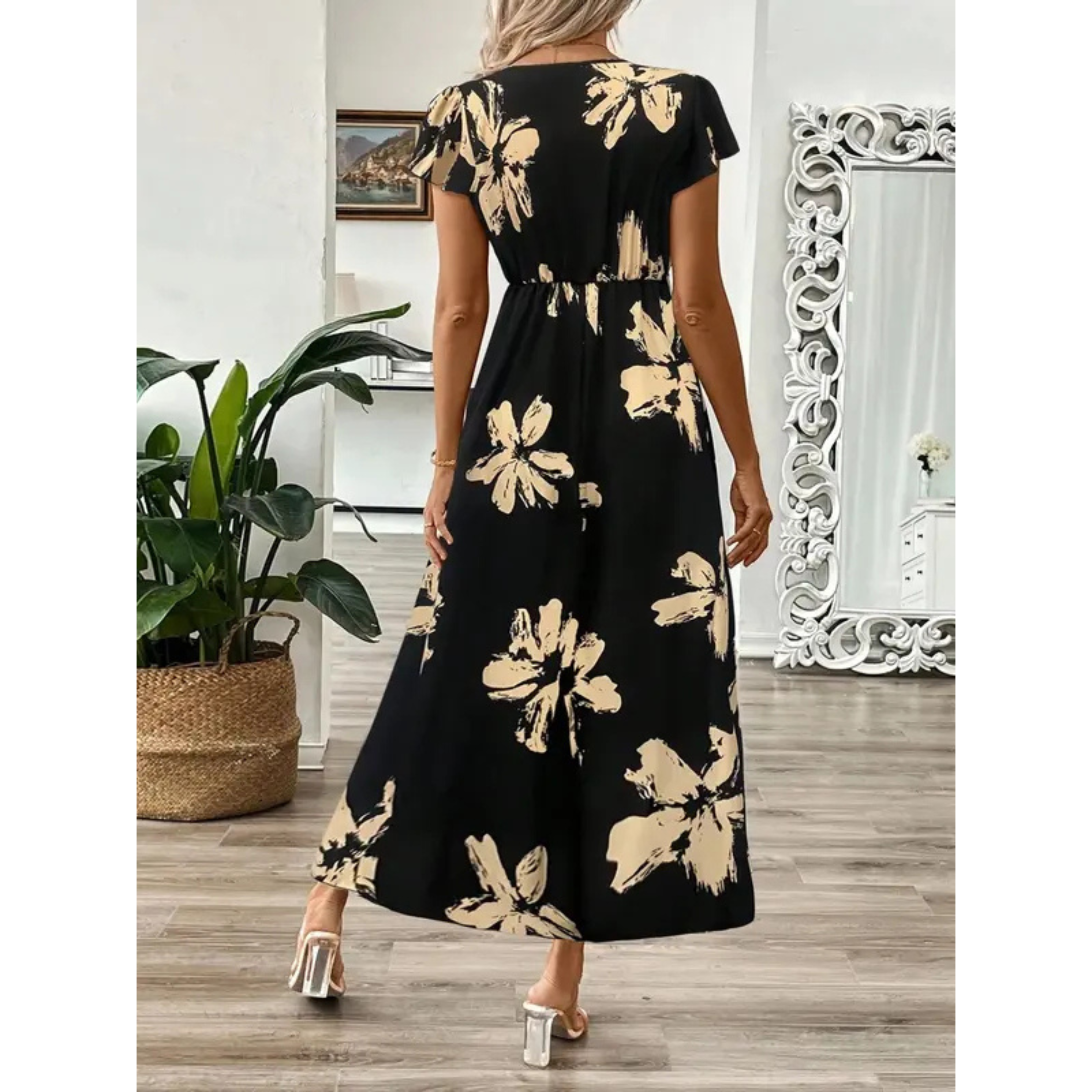 Korevyn - Elegante vloeiende maxi jurk voor dames met zwart en beige bloemenprint