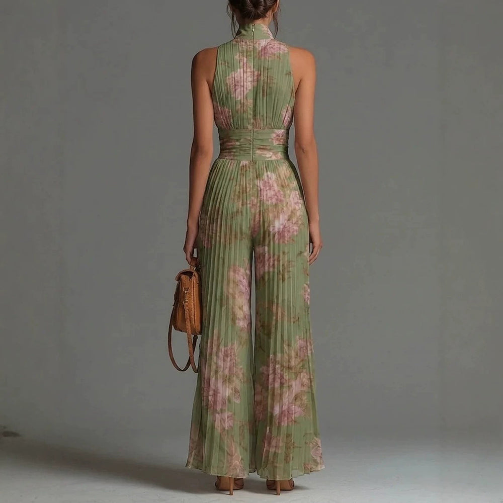 Loravelle - Plissé jumpsuit voor dames met V-hals en wijde pijpen
