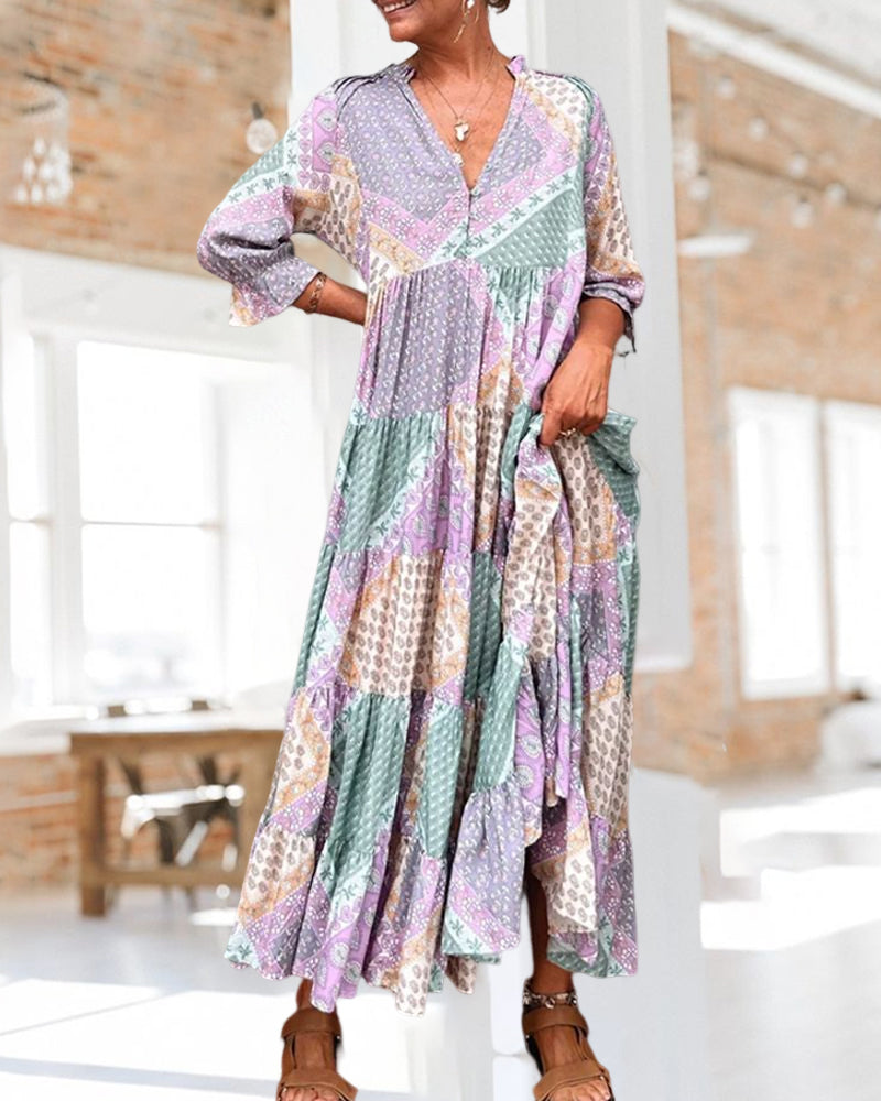 Quinna - Maxi jurk met 3/4 mouwen in gekleurde blokprint