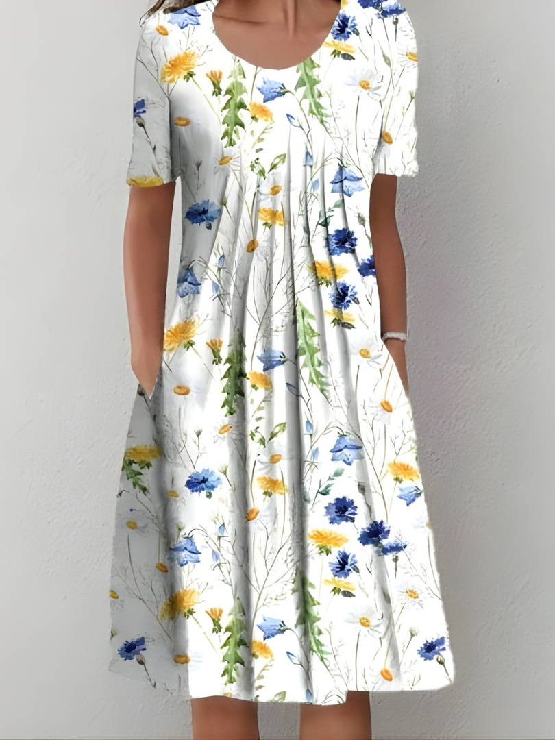 Aurexia - Vrouwelijke Plissé Jurk met Korte Mouwen, Vloeiende Snit, Elegante Bloemenprint