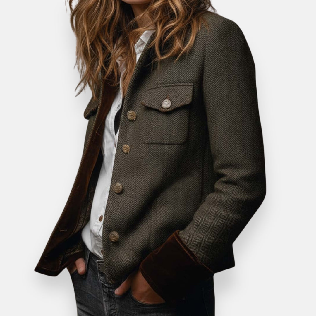 Marisoria - Chic Tweed Jasje met Velours Afwerkingen