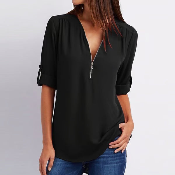 Quelina - 3/4 Mouw Losse Rits Blouse