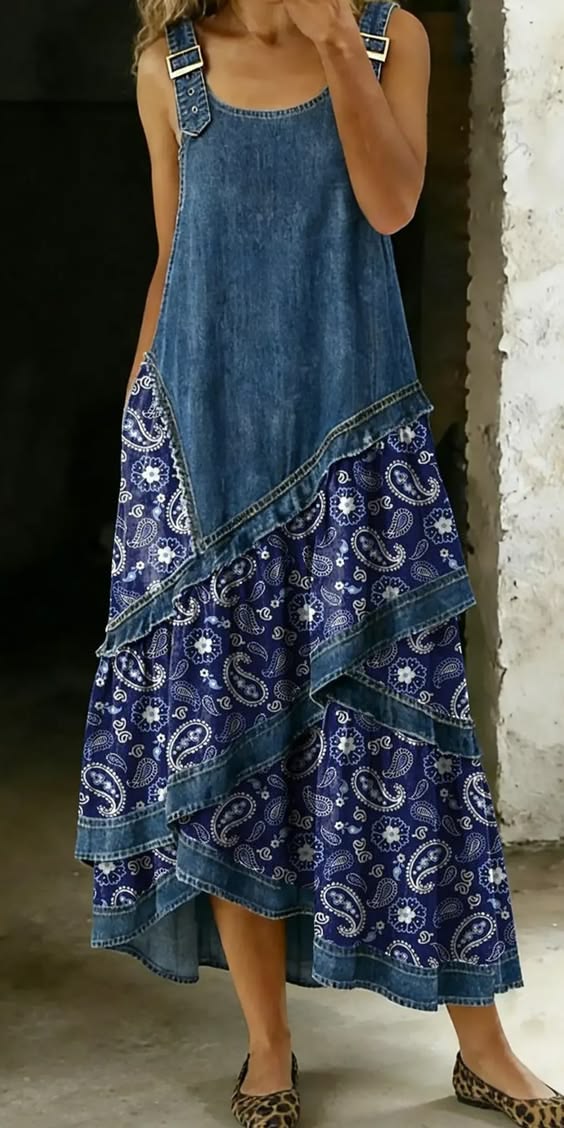 Rovessira - Maxi jurk voor dames met bohemian patchwork in denim en bloemenprint