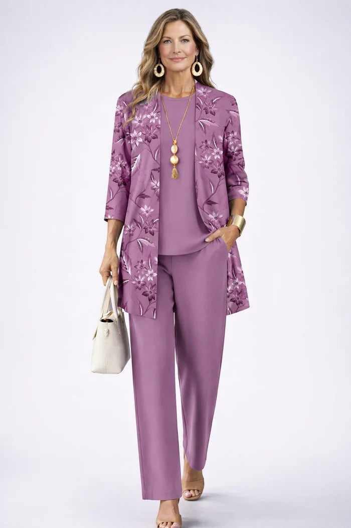 Maxine - Drie-delig damesensemble met elegante bedrukte cardigan