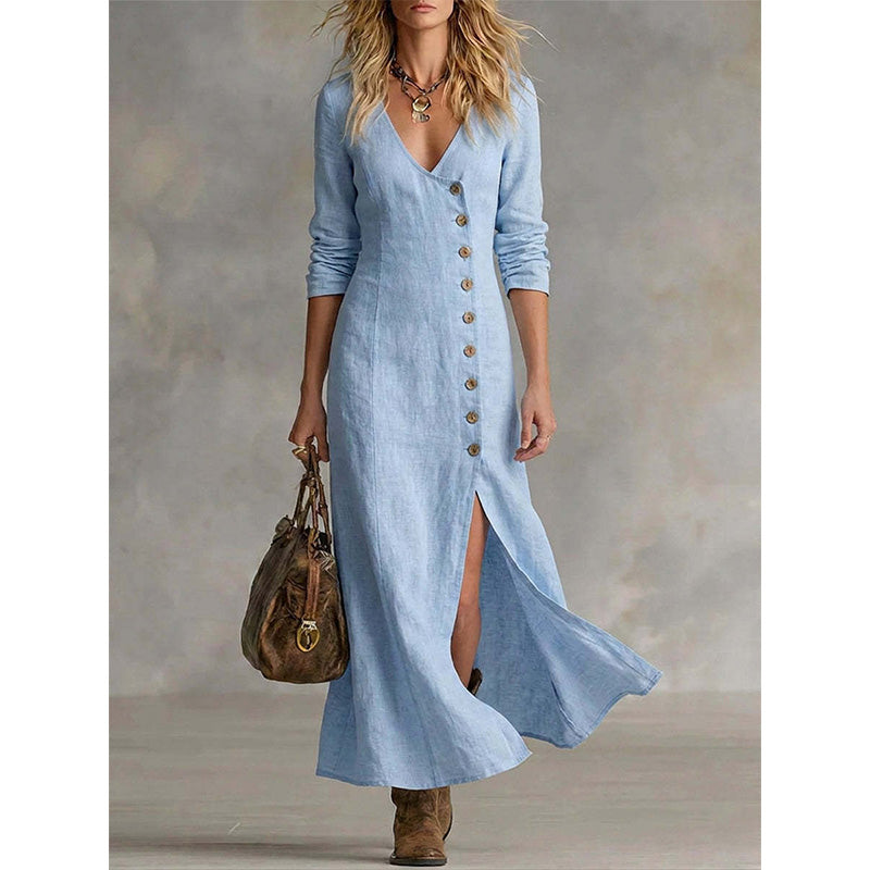 Quinalisse - Elegante vintage overhemdjurk met lange mouwen midi