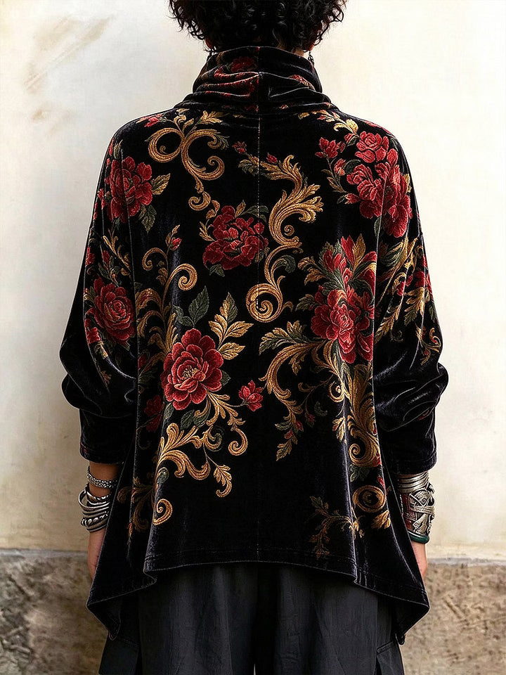 Jolein - Vrouwen top van fluweel met bloemenprint en vintage gedrapeerde kraag